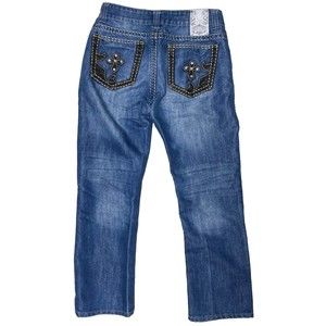 Montero Jeans White Stitch Faux Leather Cross Pockets Denim Blue Jeans 32x30